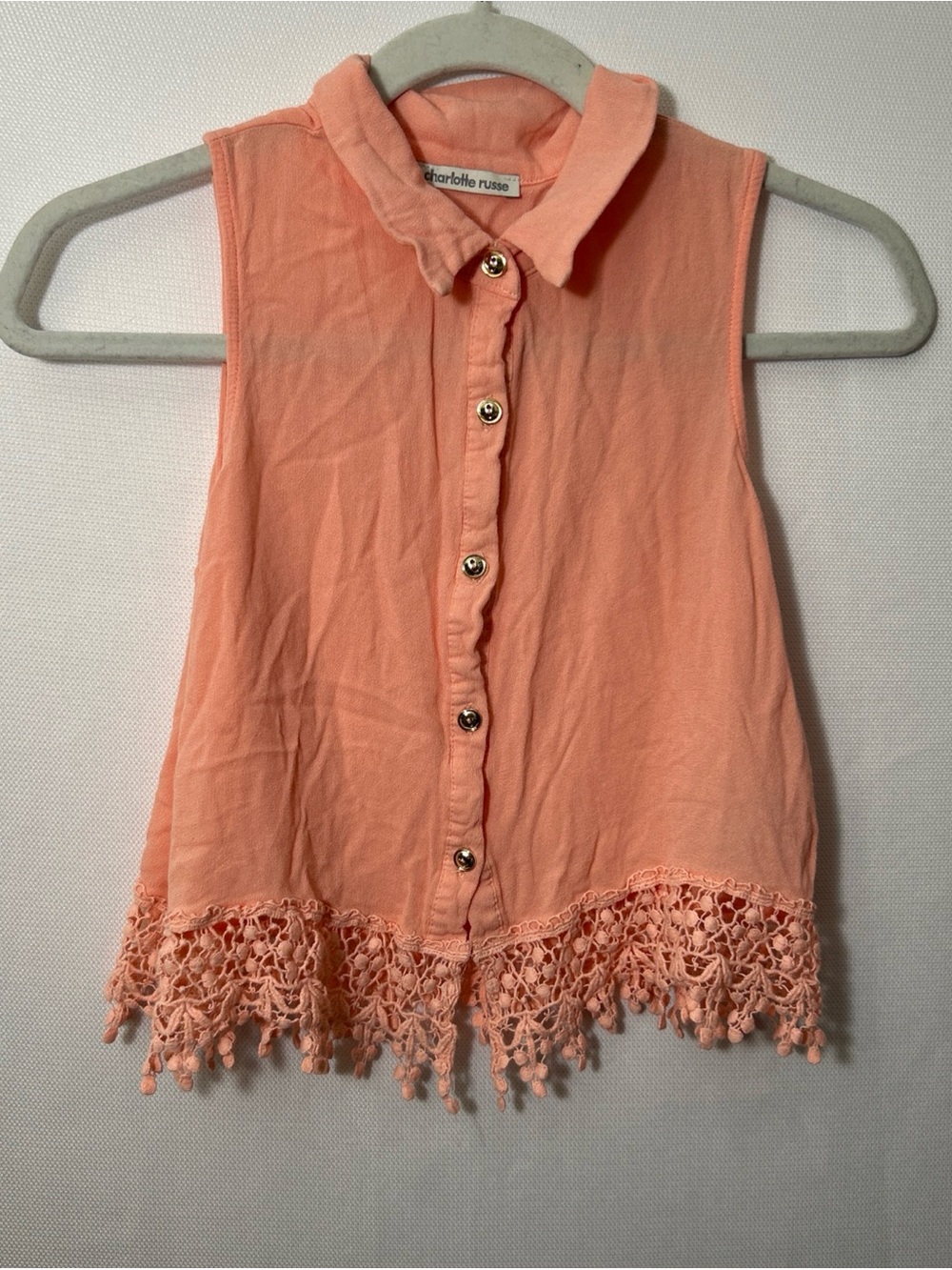 Charlotte Russe Pink Button-Up Collared Blouse Lace Crochet Hem